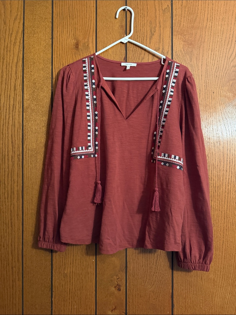 Maurices Rust Embroidered Tassel Peasant Top